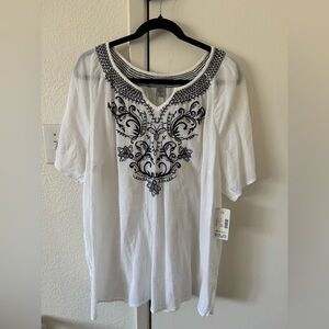 White Blouse Top with Black Embroidery